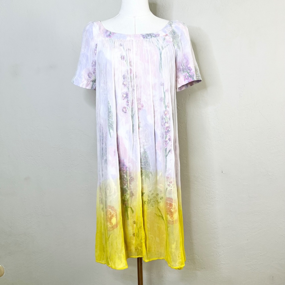 Anthropologie HD in Paris Floral Ombre Pleated Shift Dress Yellow Lavender 4 NEW